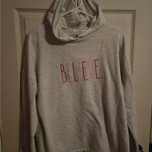 Rae Dunn Gray Hoodie with Red 'Believe' Print